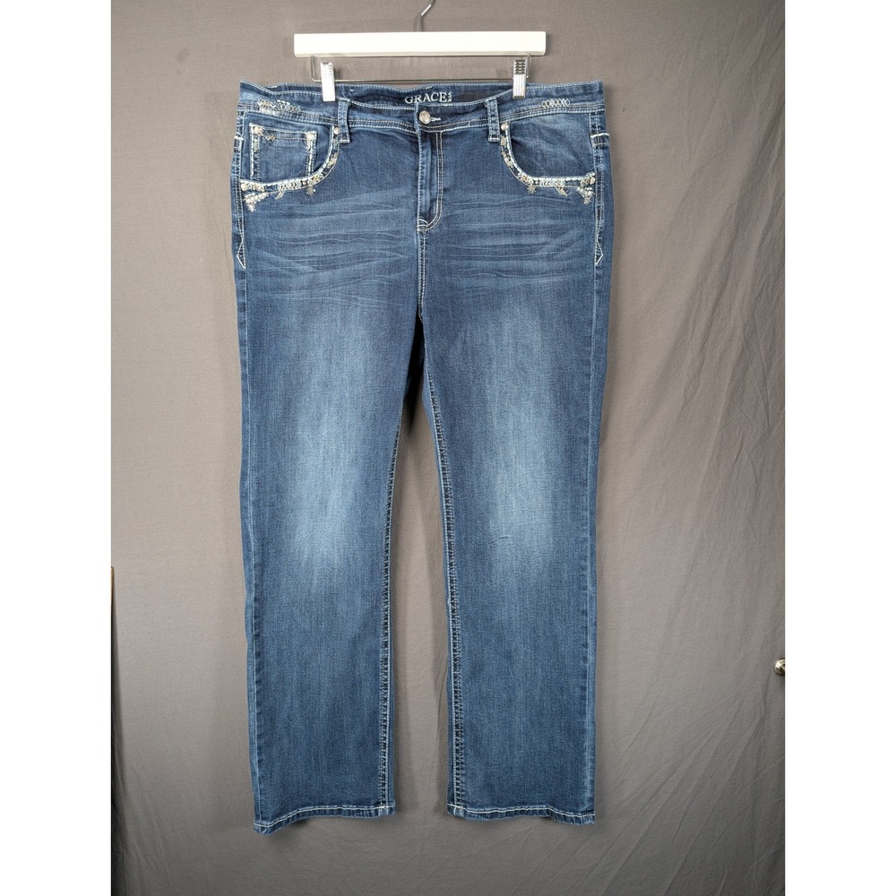Grace in LA Womens Plus Size 22 Embellished‎ Bootcut Jeans Blue Denim